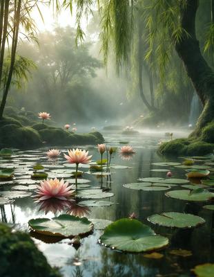 The primary subject of the image is a beautiful scene of a pond filled with water and surrounded by lush greenery. The pond is home to a variety of flowers, including pink and yellow ones, as well as lilies. The setting is a serene, natural environment, with the water reflecting the flowers and creating a peaceful atmosphere. The visual style of the image is a combination of photo and digital art, creating a realistic yet artistic representation of the scene. The colors and mood of the image are